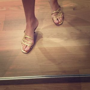 Prada gold leather kitty heel sandals